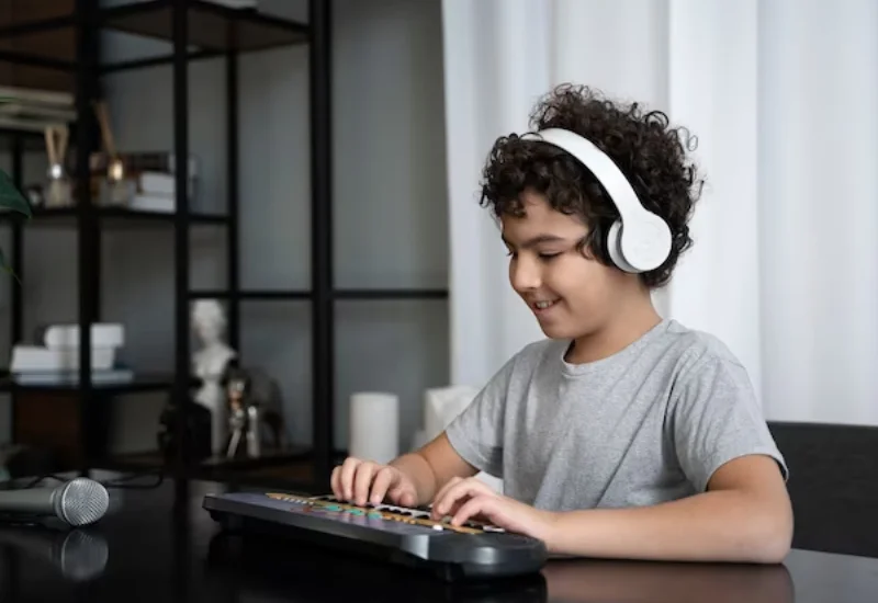 Kid Playing Keyboard Wearing Headphones